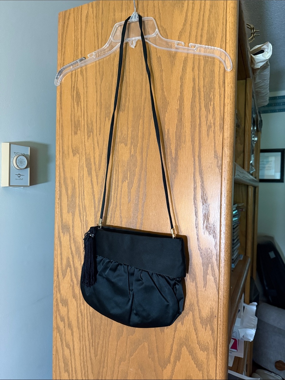 Black Satin Shoulder Clutch with Tassel Accent